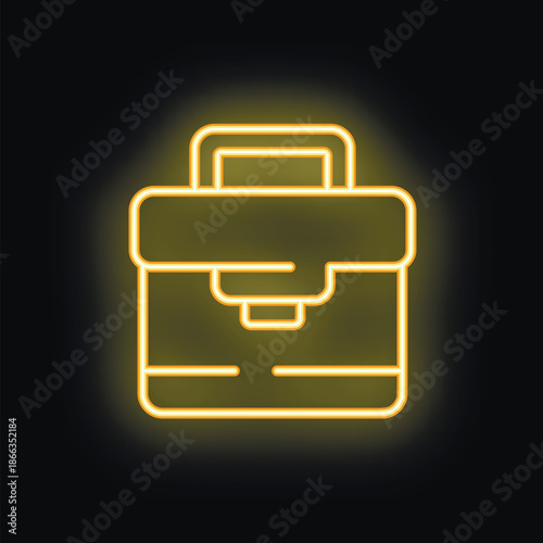 Yellow neon sign of a business suitcase glowing on a black background