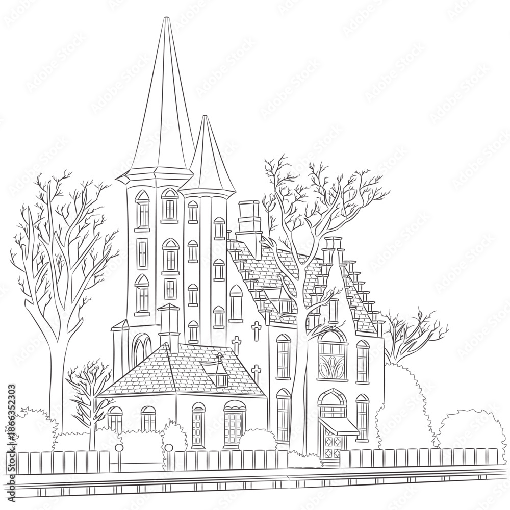 Obraz premium Vector drawing of historic building in Bruges Belgium
