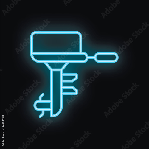 Blue neon icon of boat motor for fishing or recreation on black background