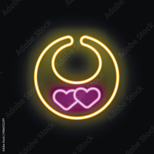Bright neon sign showing a yellow baby bib with two purple hearts, glowing on a black background