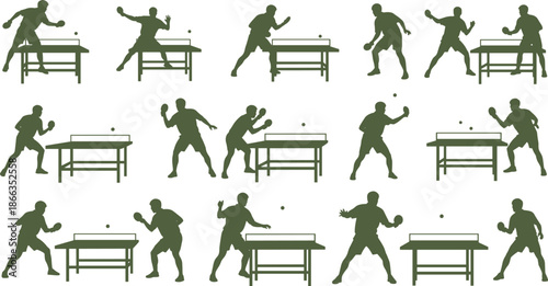 tabletennis, pingpong, player, sport, athlete, silhouette, action, game, racket, ball, competition, training, movement, match, fitness, illustration, vector, icon, set, collection