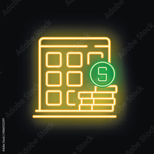Neon icon of a mobile banking app with coins, representing online finances and digital transactions