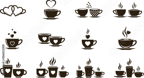 coffee, cup, love, heart, cafe, drink, beverage, romance, hot, steam, mug, espresso, cappuccino, silhouette, icon, illustration, vector, set, collection, design