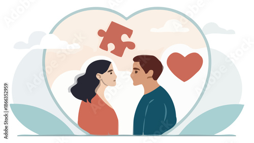 Couple in love with heart and puzzle piece symbolizing unity