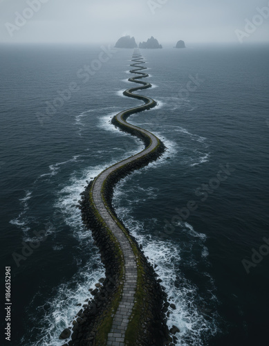 Aerial view of a sinuous pathway disappearing into the vast expanse of the ocean waters