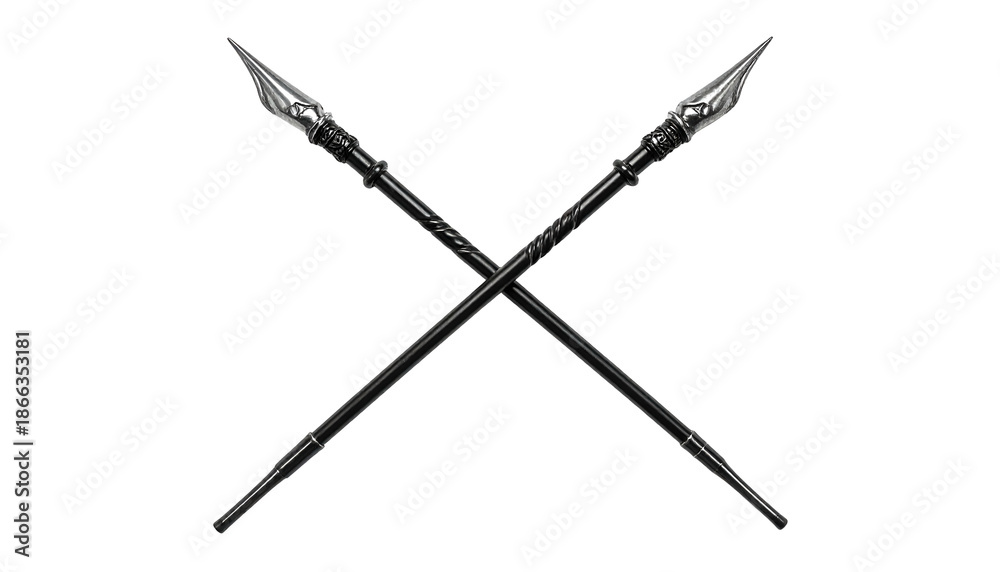 Naklejka premium Two ornate spears, crossing each other against a black backdrop. Sharp blades point outward