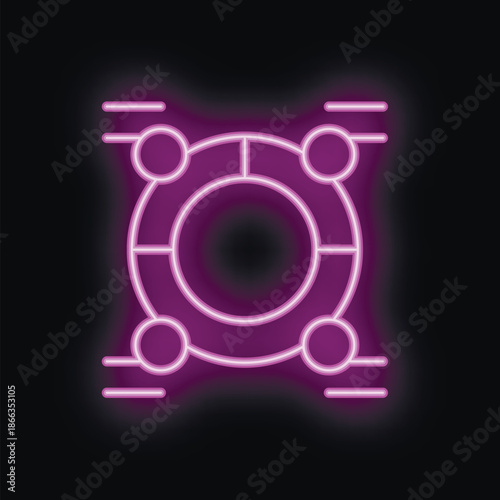 Bright purple neon icon of a hub and spoke system glowing on a black background