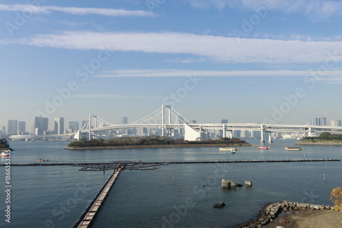 Puente Raibow  y skyline de Tokio en la bahía de Odaiba Tokio, Japón