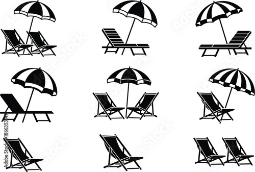beach, umbrella, chair, lounger, summer, vacation, seaside, relaxation, leisure, resort, travel, outdoor, silhouette, icon, illustration, vector, set, collection, tourism, design