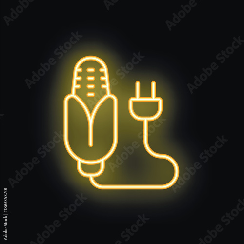 Glowing neon icon representing a corn cob connected to a power plug, symbolizing the potential of biofuel as a renewable energy source