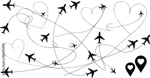 airplane, flight, travel, aviation, route, path, heart, love, romantic, journey, destination, tourism, transport, silhouette, icon, illustration, vector, set, collection, design