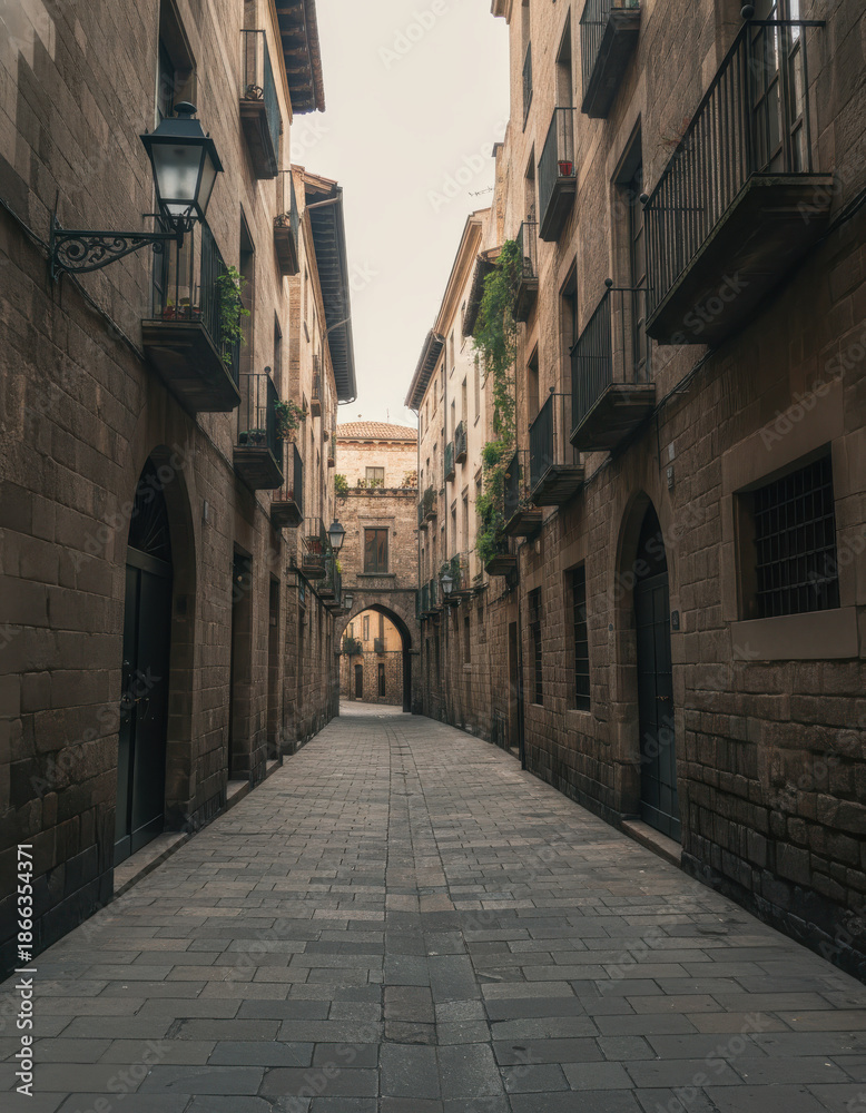 Fototapeta premium Aesthetic Perspective of an Ancient Urban Passage with Stone Buildings and Arched Entrance