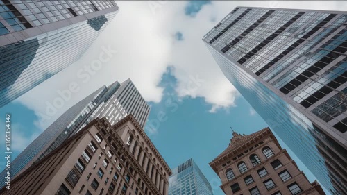 Modern skyscrapers and historic buildings against blue sky with clouds