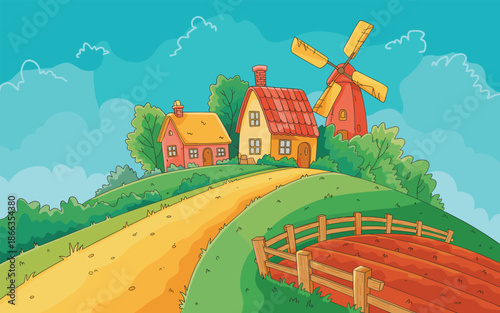Cartoon farm landscape illustration with houses and windmill on green hill under blue sky vibrant countryside scene for children's book illustration rural agriculture and farming idyllic village carto