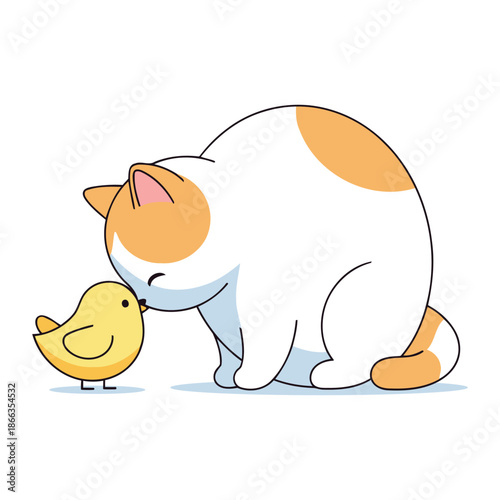 Cute cartoon cat sniffing a small yellow chick interspecies friendship