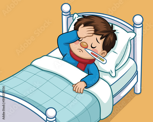 Cartoon sick boy lying in bed with thermometer suffering from fever and flu symptoms illustration for children's healthcare awareness campaign medical infographics educational resources and pediatric
