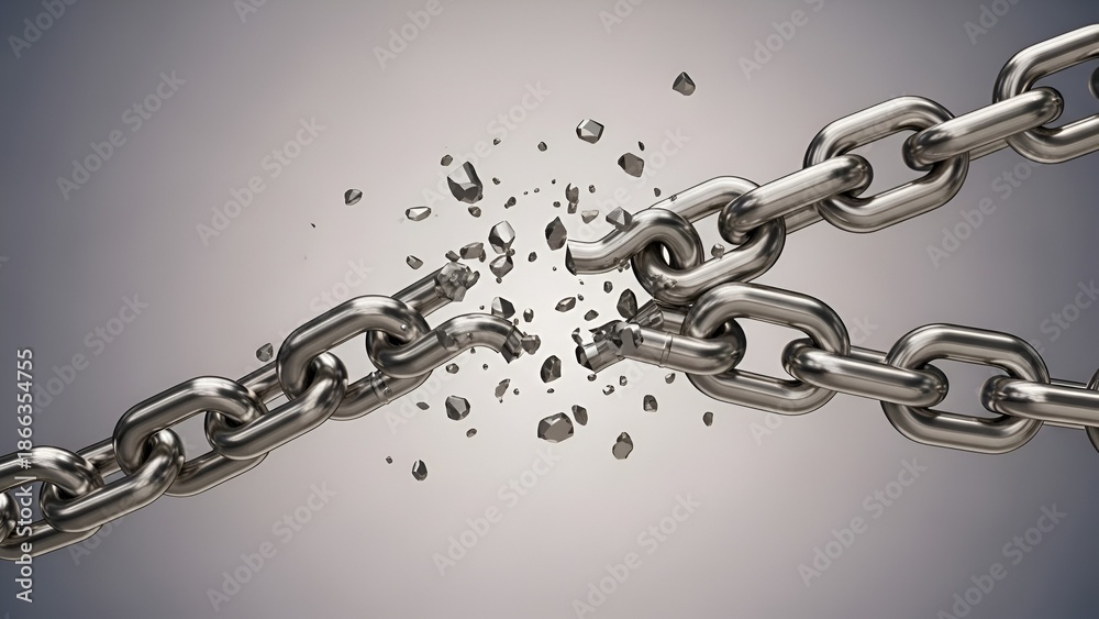 Fototapeta premium Strong symbolic image of a metal chain breaking against a gray gradient backdrop