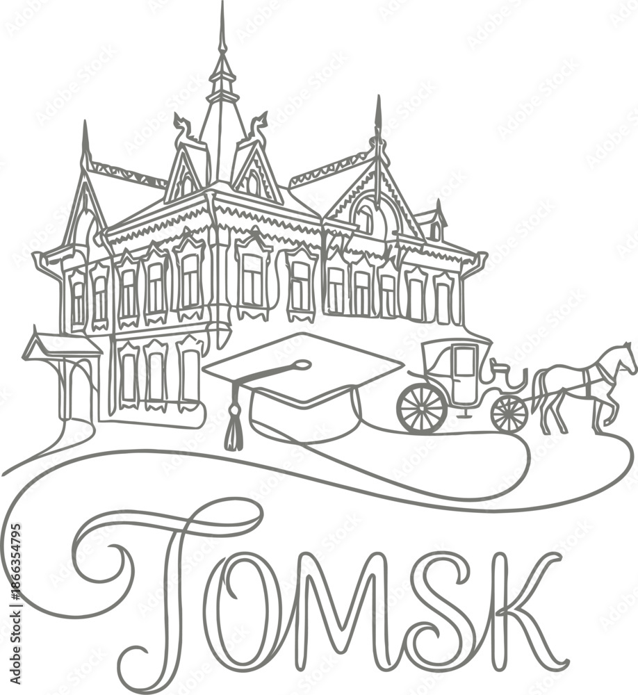 Naklejka premium Tomsk city landmark with horse carriage line art vector illustration
