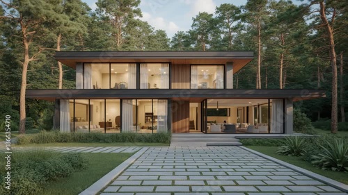Modern wooden house with large windows in forest setting