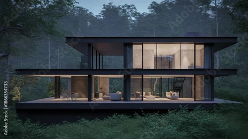 Modern forest home with large windows and deck at dusk