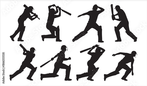 Cricket Player Action Silhouettes in Batting and Bowling Poses