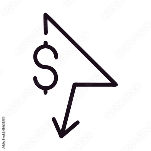 Illustration of a downward arrow with a dollar sign, symbolizing financial loss, economic downturn, or a decrease in value isolated on represents investment risk