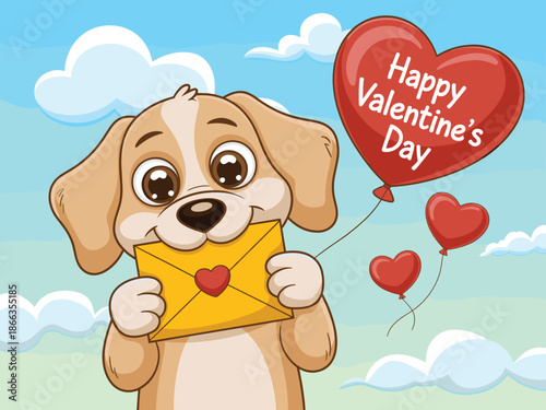 Cute cartoon dog holding Valentine's Day love letter and red heart balloons against a bright blue sky background cheerful puppy illustration for greeting cards holiday marketing materials and social m