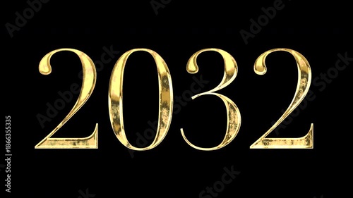 Gold number “2032”, serif, light reflecting and patterns shifting, alpha channel	
