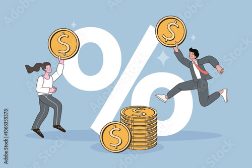 Happy business people holding gold dollar coins jumping with giant percentage symbol. Financial interest rate, investment profit, and commission bonus concept.