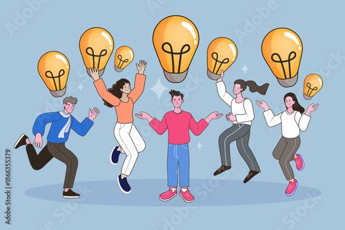 Happy diverse creative team celebrating with floating light bulb ideas above heads. Group brainstorming, business innovation, and successful startup solution concept.