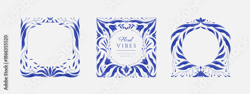 Retro floral frame or cover. Botanic design elements in wavy and naive style. Boho leaves branches and blooming print for poster, social media and packaging or greeting card