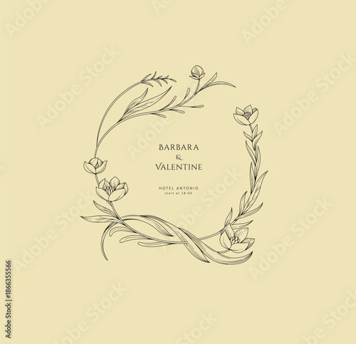 Elegant calligraphic botanical wreath, floral frame and graceful branches. Wedding wildflowers for invitation save the date card. Botanical feminine rustic vector illustration