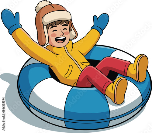 Cartoon boy in winter clothes snow tubing having fun cheerful kids outdoor activity illustration of child enjoying wintertime cold weather sport for seasonal holiday advertising and recreational lifes
