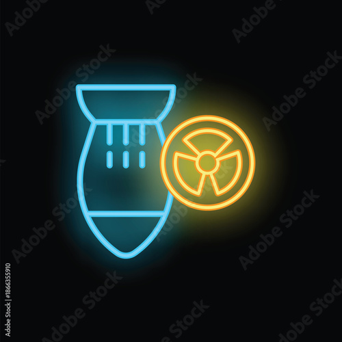 Neon sign illuminating an atomic bomb with radiation symbol, representing the concept of nuclear weapon