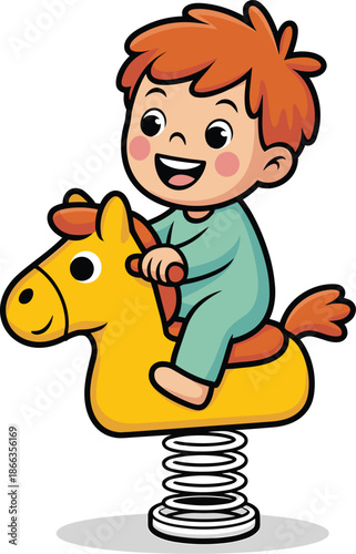 Cartoon boy riding rocking horse spring toy happy child having fun childhood activity playful games illustration for kindergarten preschool playtime joyful cheerful character design for children's boo