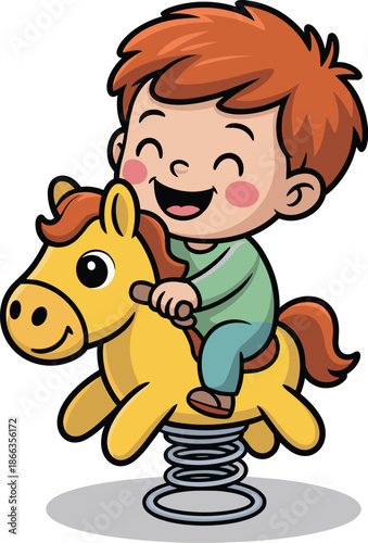 Happy cartoon boy riding yellow toy horse spring rider enjoying outdoor playtime fun cheerful kid character illustration for children's books educational materials kindergarten posters childhood devel