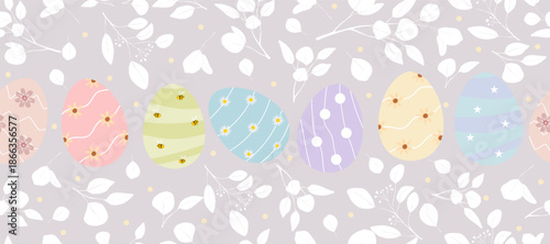 Easter eggs pattern, flower border on purple background,Seamless spring floral banner with colourful easter eggs,Cute hand drawn great for Easter cards, banner, textiles, wallpapers,Vector design