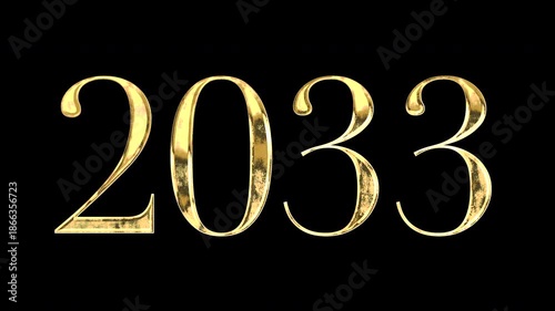 Gold number “2033”, serif, light reflecting and patterns shifting, alpha channel	
