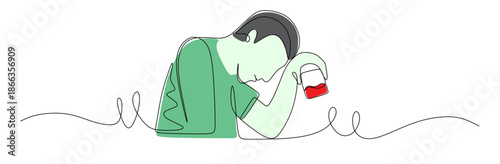 Continuous line art of a depressed man drinking a glass of wine. Vector illustration with color.