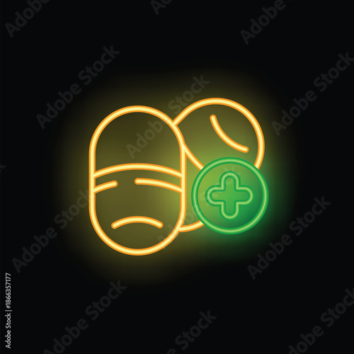 Glowing neon icon of capsules and medical cross representing pharmaceutical industry and treatment of diseases