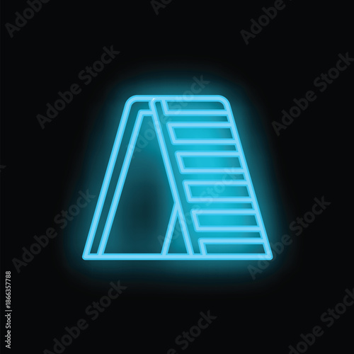 Glowing blue neon icon of a sliding ladder on black background