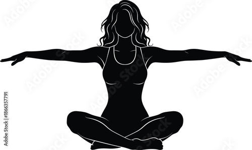 Silhouette of a woman sitting in lotus yoga pose with arms outstretched, female character practicing meditation and wellness for health and mindfulness,