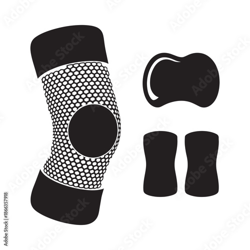 Black and white illustration of a bent knee joint with supporting elements