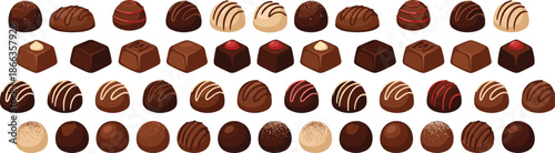Assorted chocolate candies illustration set, pralines truffles bonbons collection, sweet dessert confectionery, seamless chocolate assortment, cartoon vector elements