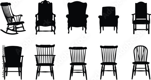 Chair silhouette collection, furniture design styles, rocking armrest wooden forms, black white set, cad drawing flat vector illustration