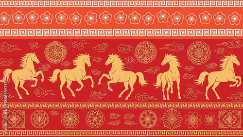 Auspicious Golden Horses Adorn a Rich Red Decorative Border Pattern, Perfect for Lunar Chinese New Year Festivities and Cultural Designs