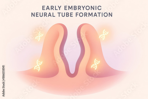Early embryonic neural tube formation illustration, showing neural folds, central groove, and DNA symbols, representing early human development and genetic process in soft pastel colors