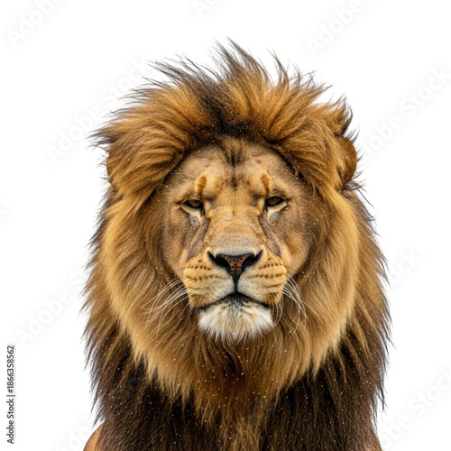 Close up portrait of a male lion with a dark mane and golden fur against a black background animal wildlife