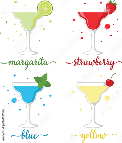 Cocktail drinks illustration set, margarita strawberry blue yellow cocktails, colorful alcoholic beverages, party bar menu icons, flat vector design