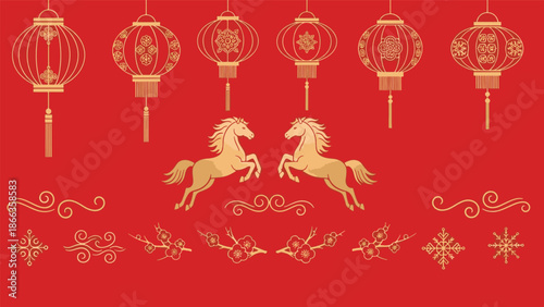 Vibrant Golden Horses and Traditional Lanterns Adorn a Festive Red Background, Capturing the Spirit of Lunar Chinese New Year Celebrations